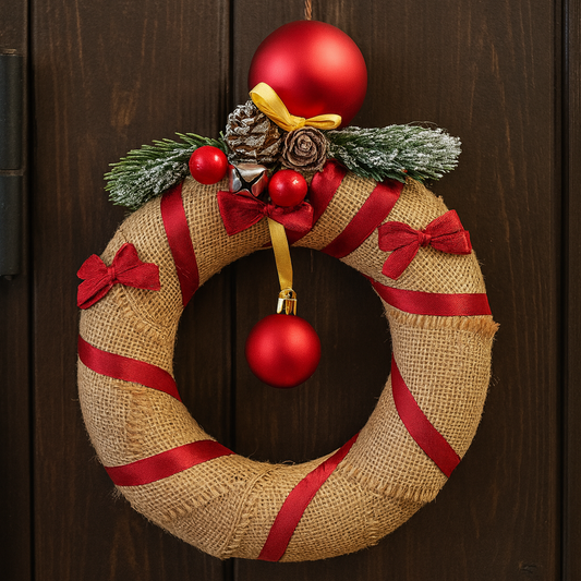 Ghirlanda Natalizia Artigianale "Rustic Elegance" - Decorazione in Juta con Nastri Rossi