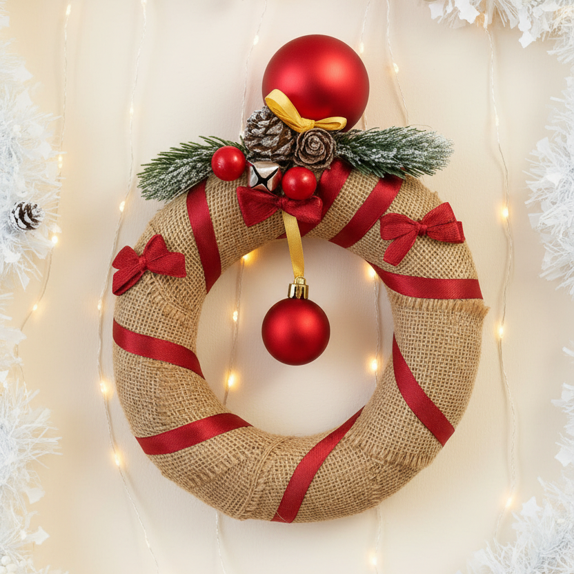 Ghirlanda Natalizia Artigianale "Rustic Elegance" - Decorazione in Juta con Nastri Rossi