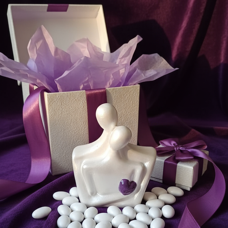 Regalo con cuore e fiocco viola